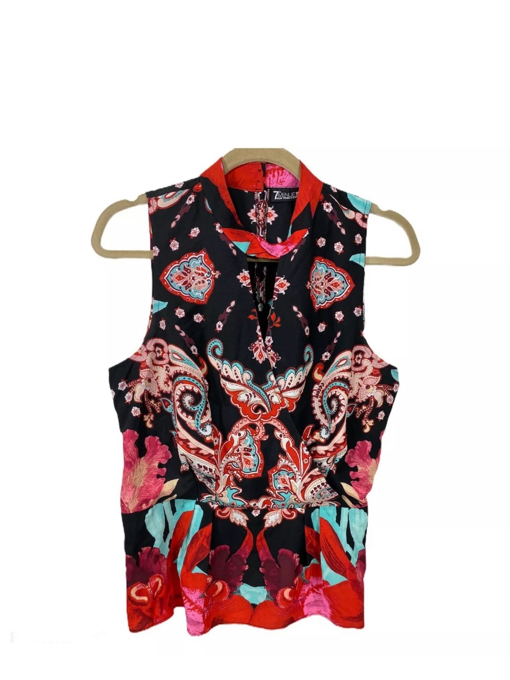 Zenergy Sleeveless Paisley Floral V-Neck Top in Black with Red & Teal Accents